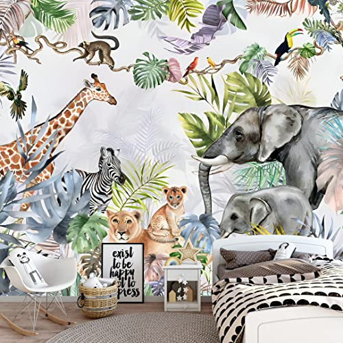MFWFM Safari Wallpaper for Kids with Animals Jungle Wall Mural Watercolor Animals Nursery Wallpaper Children Room Decor (Not Peel n' Stick)