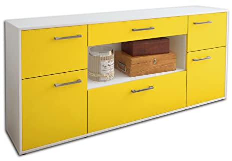 Lqliving Kommode Sideboard Fabiola, Korpus in Weiss matt, Front im trendigem Gelb (180x79x35cm), inkl. Metall Griffen, Made in Germany