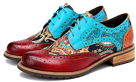Damen handgefertigte Lammfell Oxford Loafers Schuhe mit Retro Ethno Printed Style Brock Design für Casual und Fashion Collegiate Style, Brock: Blau und Braun, 39 EU