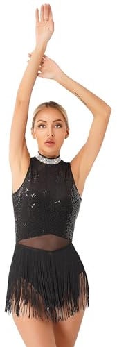TTAO Damen Pailletten Tanz-Body Ballettbody Ärmellos Glitzer Gymnastikbody Ballett Trikot Leotard Latein Overalls Turnanzug Ballettanzug Schwarz A XL