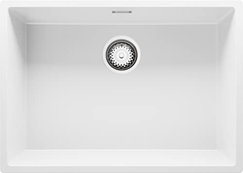 PRIMAGRAN Lavello da Cucina Bianco 66x47cm, Lavandino da Cucina a 1 vasca + Sifone Classico, Lavabo da Cucina Incasso al mobile 70cm - London Slim