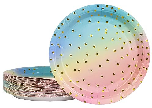 DHAIQC Lot de 50 Assiette Jetable Arc en Ciel 17,8 cm, Kit Vaisselle Jetable Anniversaire Assiette Carton pour Barbecue Anniversaire ou Fête Baby Shower Mariages (Arc en Ciel Or)