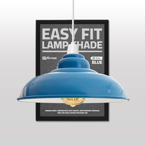 Moderner industrieller Deckenlampenschirm aus Metall, 32 cm großer, kurviger, einfach zu montierender Hängelampenschirm mit kostenloser Reduzierplatte für Wohnzimmer (Himmelblau)