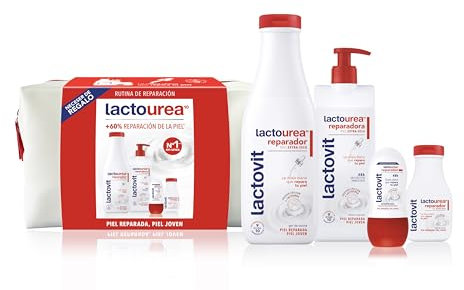 Lactovit Lactourea Geschenkset | Kulturbeutel mit reparierender Körpermilch, reparierendes Duschgel und Deodorant mit Urea und 0 % Alkohol | geeignet für trockene und extra trockene Haut