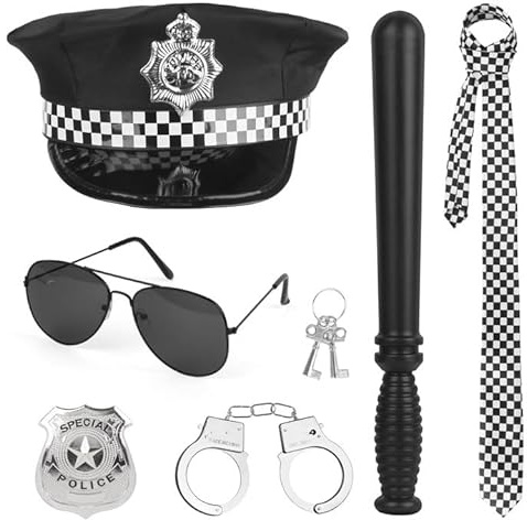 CLIUNT Adult Police Costume Set - 6pcs Halloween Accessories With Hat, Handcuffs, Badge, and Glasses for Men and Women