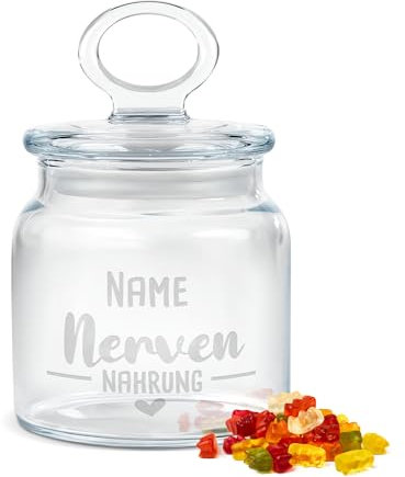 PR Print Royal Personalisierte Keksdose aus Glas mit Gravur - 550 ml - Nervennahrung mit Name selbst gestalten als Geschenk zum Geburtstag oder Weihnachten | Personalisiertes Geschenk