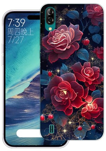 WUACYEAMING Hülle für Blackview A60,Aesthetic Motiv Weiche Silikon Muster TPU Bumper Stoßfest Schutzhülle Transparent mit Cover HandyHülle case Pattern-(Rote Blüten)