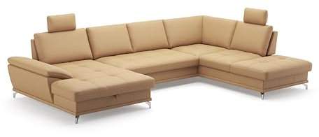Cavadore Wohnlandschaft Castiel mit Federkern / Sofalandschaft mit XL-Longchair, Bett, Bettkasten, Sitztiefenverstellung, Kopfstützen und Metallfüßen / 363 x 89-104 x 223 / Echtleder, Beige
