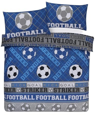 Grey Blue Football Double Duvet Cover Set Reversible Boys Bedding With Pillowcase s (BLUE/GREY DUVET COVER SET, Double)