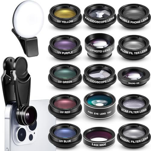 Copkim 16 in 1 Phone Camera Lens Kit with Selfie Light, Wide Angle, Macro