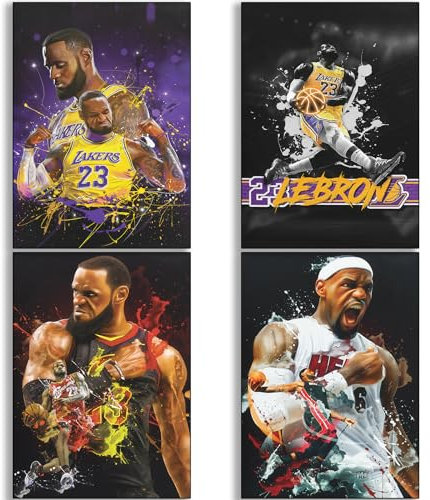 BAOGELI Lebron Poster James Basketball Leinwand Poster Wandkunst Druck Set mit 4 Geschenken für Jungen Wohnzimmer Schlafzimmer Dekoration ungerahmt 20,3 x 30,5 cm