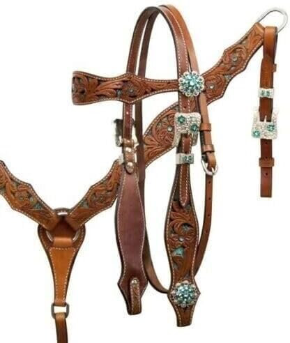 EQUIGEAR Western-Leder-Set mit handgefertigtem Kopfstück und Vorderzeug mit Zügeln. /Size-Full,Cob,Pony AV-03 (Cob)
