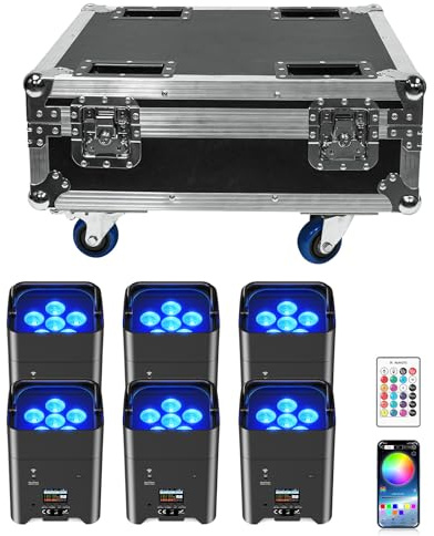 PUZILOZA 6*108W Batterie LED par lumière projecteurs avec rechargeable Flightcase par télécommande sans fil/APP/DMX, RGBWA+ UV 16,77 millions couleurs jeux de lumiere pour soiree DJ disco fête mariage