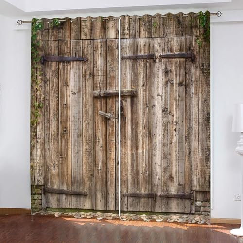 Retro-Holztür Gardinen Wohnzimmer Mit Ösen, Antikes Bauernhaus Muster Vorhang Blickdicht für Kinderzimmer Schlafzimmer, Verdunklungsvorhänge Schallschutz Thermovorhang 2 x 132.5B x 215H cm