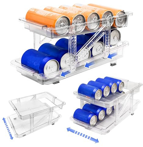 Guermok Adjustable Width Rolling Soda Can Organizer, 1Pack Stackable Fridge Drink Organizer, 2-Layer Beverage Can Dispenser for Fridge, Pantry, Kitchen,Cabinet, Countertop, Clear