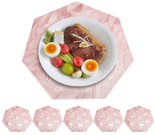 Platz-Mattenc Rosa 6er Set PVC Tischset Ausgehöhlte Platzset Waschbar Hitzebeständig Rutschfester Platzdeckchen Ideal für Weihnachten Hochzeit Küche Party 38cm,10803