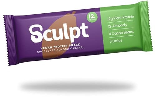 Sculpt Vegan Protein Bars – Chocolate Almond Caramel – 12 x 55g Bars – 12g Plant Protein – Packed with Almonds, Cacao Nuts, Dates – High Fibre – Ideal for Recovery and On-the-Go Snacking