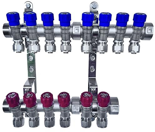 AQUA HEATING Set Collettore Acqua Riscaldamento PEX 1” x 16 mm Distributore D'Acqua In Ottone Nichelato Con Mini Valvole Integrate Fascio Distributore Blu 8 Circuiti Rosso 6 Circuiti H2541B8R6