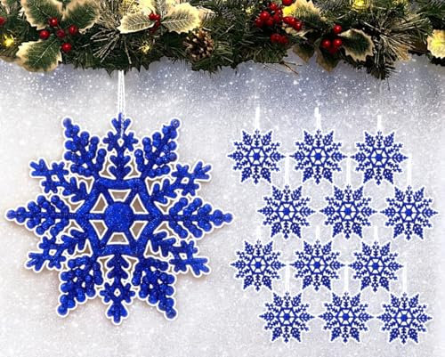 12pk Glitter Snowflake Hanging Decorations, Christmas Tree Snowflake Baubles/Ornaments (Royal Blue)