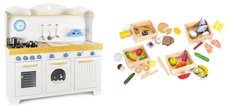 Leomark Cucina Saint Tropez in legno bianco blu, cucina con accessori, orologio, forno, lavatrice e lavastoviglie + 4 quattro casse di legno con generi alimentari, Dimensioni: 106x32x107 cm.