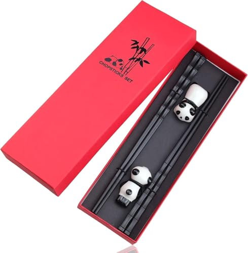 NEUTYPECHIC 2 Pares Palillos Japoneses, Palillos Chinos con 2 Soportes de Panda Chinos y Caja de Embalaje, Chopsticks para Sushi Kit, Estilo Asiático, Palillos 24cm
