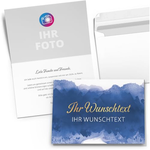 10 personalisierte Einladungskarten für Geburtstag Hochzeit Kommunion Konfirmation Jugendweihe Einladung Karten mit eigenem Text und Foto 17 Aquarell Look Blau