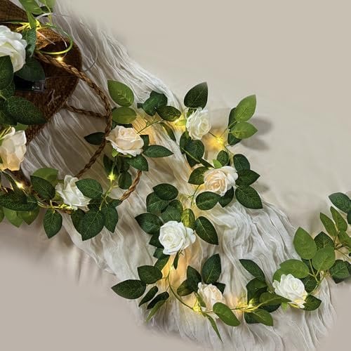 buywin 6FT Flower Garland String Lights with Timer, Battery Operated Fake Rose Vine Floral Garland with Fairy Lights, Hanging Pink Rose Light for Wedding Party Home Table Wall Decor (White)