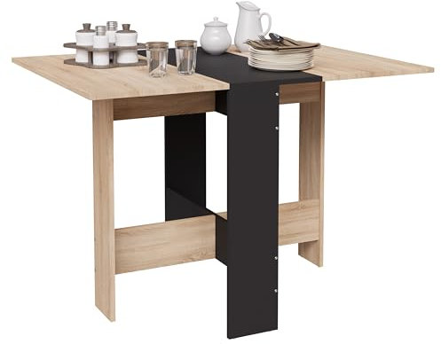 CASABEL – Mesa de Comedor Plegable – Mesa de Cocina para pequeños Espacios – Ahorro de Espacio para Comedor, Cocina Centro Negro y Bandeja Madera Clara para 2-4 Personas