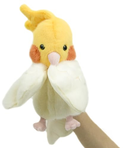 RLOMUTE Papagei-Handpuppe aus Plüsch Nymphensittich süßes kuscheliges Tierspielzeug für Rollenspiele Geschichtenerzählen für Kinder Jungen und Mädchen Eltern-Kind-Interaktion Spiele gelb