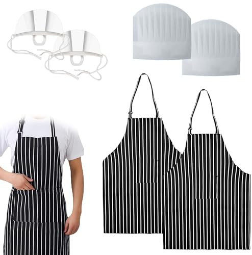 ExcellaElite 2 Pcs Chef Apron, Kitchen Aprons for Cooking, Striped Chefs Aprons for Men or Women with Disposable Chef Hats and Dust Masks for Restaurant BBQ Housework