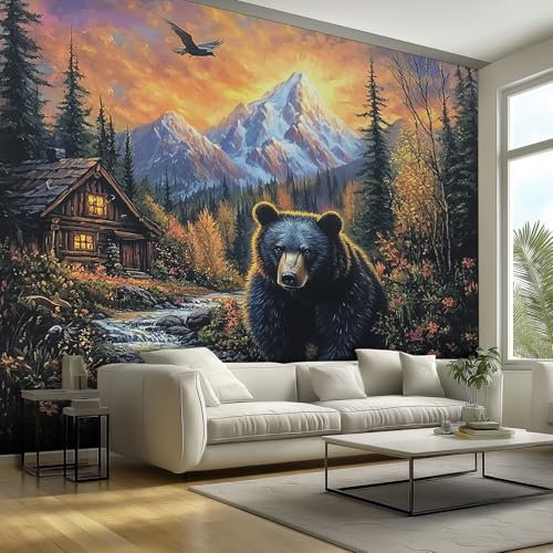 NOGAWA Papier Peint Motif Ours, 3D Panoramique Papier Peint Chasse Rustique, Papier Mural Decoratif Pour Salon, Chambre, Tapisserie Murales, Décoration Murale 250x175cm