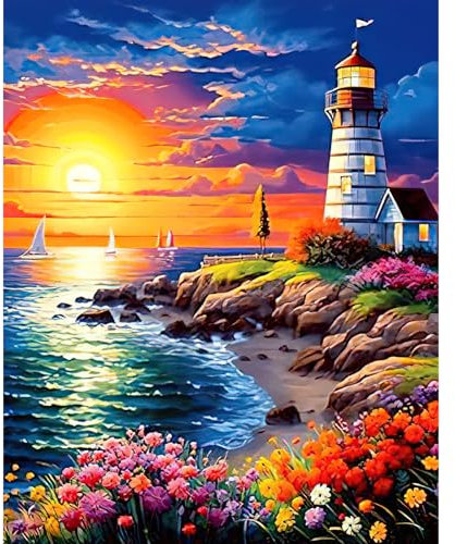 RICUVED Leuchtturm Malen nach Zahlen Erwachsene -Landschaft Malen nach Zahlen 40x50cm Leinwand Set ohne Rahmen, inkl. Acrylfarben, 3 Pinsel Metallhaken - DIY Ölgemälde für Anfänger Erwachsene