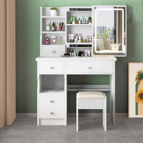 Freeboss Schminktisch mit LED-Beleuchtung Spiegel,einstellbare Helligkeit, Schminktisch mit Hocker，Frisiertisch mit 5 Schubladen und 3 Ablagen Modern Kosmetiktisch aus Holz für das Schlafzimmer (T68)