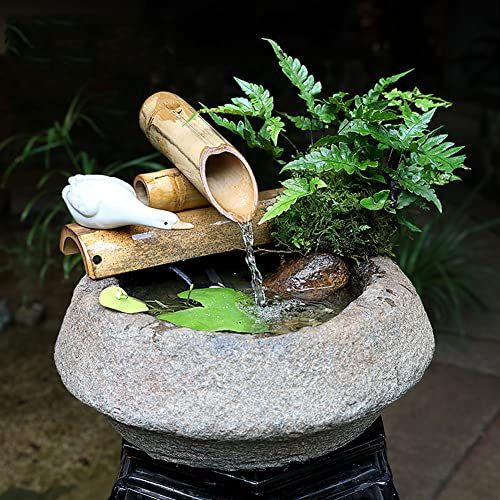 ASerZenith Fontaine À Eau Japonaise, Fontaine De Jardin Zen Aux Accents De Bambou avec Pompe Et Bols en Pierre, Mini Bassin À Poissons Et Bain d'oiseaux