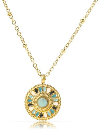 Made by Nami Halskette Damen Gold mit Mandala Anhänger und Edelsteinen in Bunt oder Grün aus Chirurgischem Edelstahl 40 + 5 cm Boho Schmuck Damen Wasserfest & Hypoallergen (Grün)