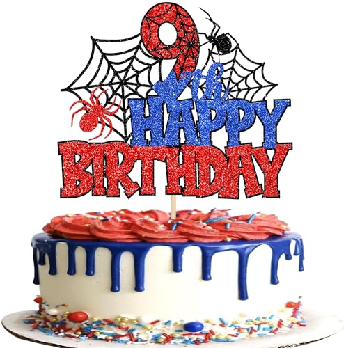 1 Stück Spinne Thema Tortendeko 9th Happy Birthday Cake Topper Glitzer Schrecklich Spinnennetz Kuchen Deko für Spinne Thema Kinder Neunte Geburtstag Party Kuchen Dekoration Blau Rot