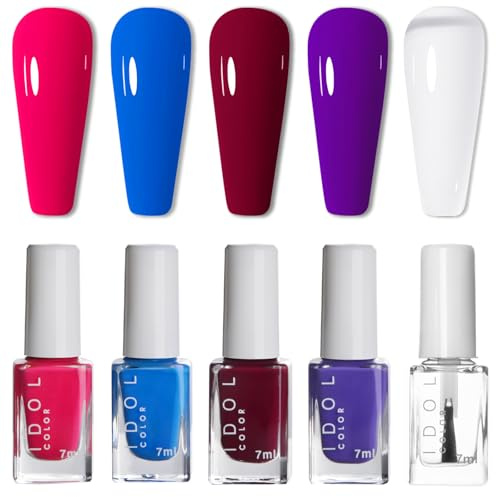 5PCS Neon Nail Polish Sets - Quick Dry Nail Varnish Gift Set - Red Pink Blue Purple nail polish & 2-in-1 Clear Base and Top Coat Nail Polish - 60 Seconds No Bake, Breathable, No Chip Long Lasting
