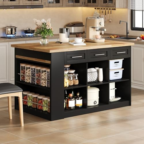Isla de cocina multifuncional, 150 x 96 cm, con mesa de comedor extensible en negro, encimera/mesa con vetas de madera laminada y armarios de almacenamiento integrados. Ideal para cocinas familiares y