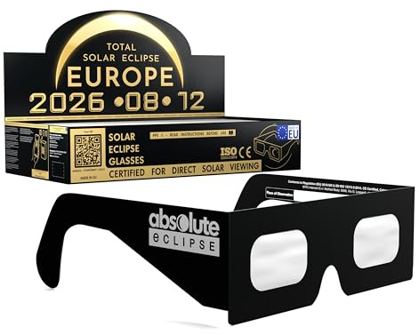 Absolute Eclipse Sonnenfinsternis Brille 2026 zum Sehen der Sonnenfinsternis - ISO 12312-2 - 100er Pack Schulen - Design Helmet - Erwachsene Kinder - EU Hersteller Anerkannt AAS