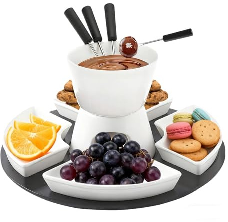 Yitobici 300ML Schokoladenfondue mit 4 Keramiktellern und 4 Gabeln,Keramik Schokofondue Set,für Käse Fondue Familienessen Nachtisch Picknicks,Weiß