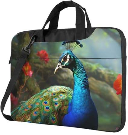 BYPPJGH Laptop-Umhängetasche mit buntem Pfau, für Damen und Herren, Aktentasche, Kuriertasche, mit Tragegriff, wasserdichte Laptop-Hülle, Schwarz , 13 inch