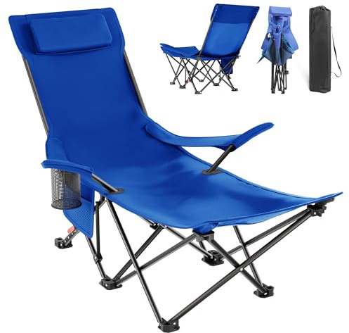 T-ZBDZ Chaise de camping pliable avec repose-pieds, chaise pliante avec dossier réglable en 4 positions, chaise de camping avec porte-gobelet et sac de transport, chaise longue pliable (bleu)