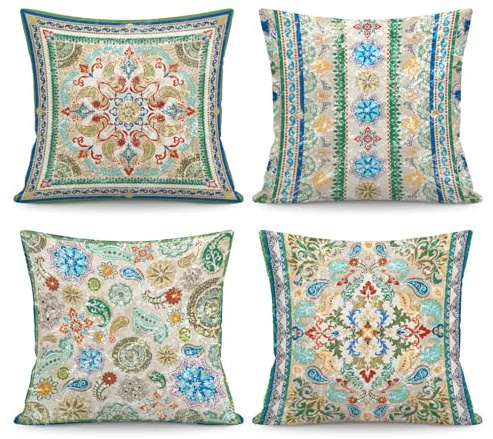 NymphFable Soft Boho Medaillon Kissenbezüge 45x45 cm Set 4 | Vintage Paisley Dekokissenbezüge, Abstrakte Boho Wohnaccessoires, für Sofa Bett Sessel Wohnzimmer