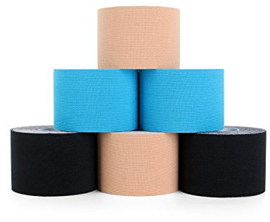 Kinesiotapes 6 Rollen, Wasserdichtes Kinesiologie Tape Physio Tape für Verletzte Muskel Erholung & Gelenk Unterstützung, 5cm x 5m pro Rolle (Schwarz, Beige, Blau)