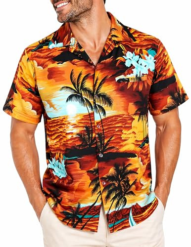 King Kameha Herren Hawaiihemd Kurzarm, Sommer Aloha Shirt mit Surfen-Print
