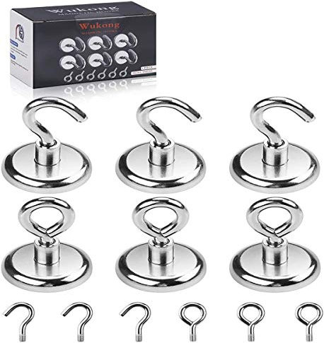 Wukong 45KG(100LB) Magnethaken,6+6 Stück Neodym Ösenmagnet, 36mm Magnet Haken hält360°Drehen für Bratenregal in Küche Werkzeughalter Verkaufsregal 6x Ösenmagnet 6x magnetische Werkzeughaken