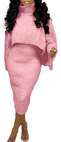 Maglia a maniche lunghe da donna a collo alto + canotta Midi Dress Autunno 2 pezzi Set - rosa - M