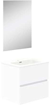 Baikal Mueble de Baño Dos cajones, suspendido a la Pared con Lavabo. Melamina 16. Mueble montado. Mueble de 50cm Blanco con Espejo Luna Lisa