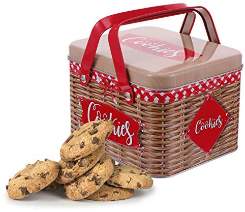 Boîte En Fer Rouge Avec Poignée En Imitation Rotin, Idéale Pour Stockage De Biscuits, Bonbons Et Petits Objets, 15.5 X 12.8 X 10.6 Cm