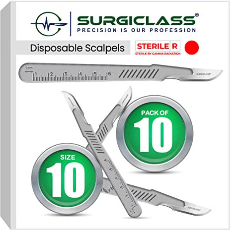 Surgical Scalpel Surgical Blades # 10 Surgical Steel Sterile ● Pack of 10 ● Disposable ● Perfect for Wood Art, Surgical, Sculpting, Repairs, Lab Anatomy, Sign, Card Making Lab Training SURGISTD10-10